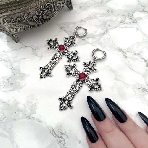 Orecchini gotici grandi colore argento gioiello croce con punk nero Halloween J - Foto 24 di 26