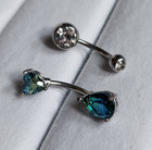 2 Curved Barbell Belly Rings, White Gems & Blue/Green Gems Body Piercing Jewelry
