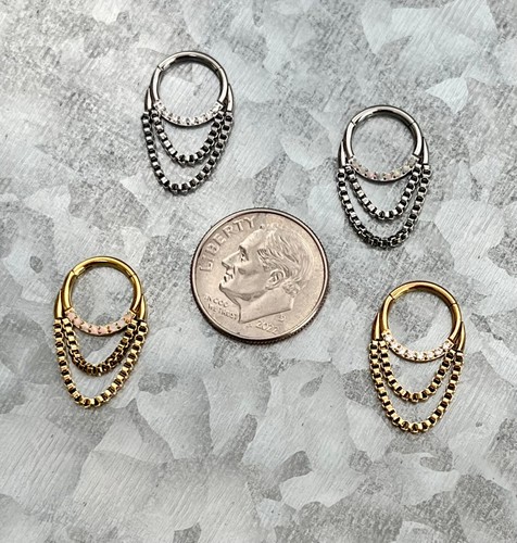 1pc Front Gems or Opals Chain Hinged Segment Ring 16g Septum Clicker 316L Steel - Picture 5 of 9