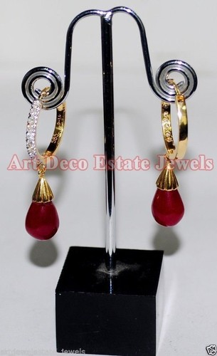 0.80ct Natural Round Diamond 14K Solid Yellow Gold Ruby Anniversary Hoop Earring - Picture 4 of 5