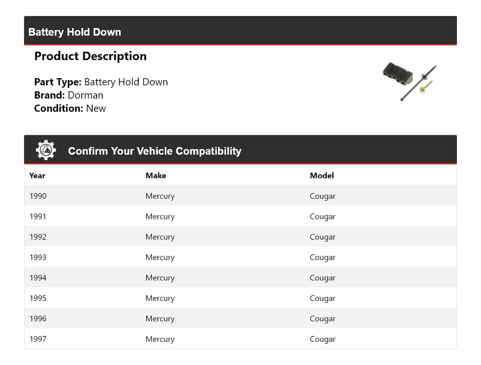 Retención de batería para Mercury Cougar Dorman 1990-1997 1991 1992 1993 1994 1995 Foto 2 de 4