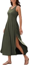 Backless Maxi Tank Dress Flowy Split U Neck Casual Summer Long Dress for Women