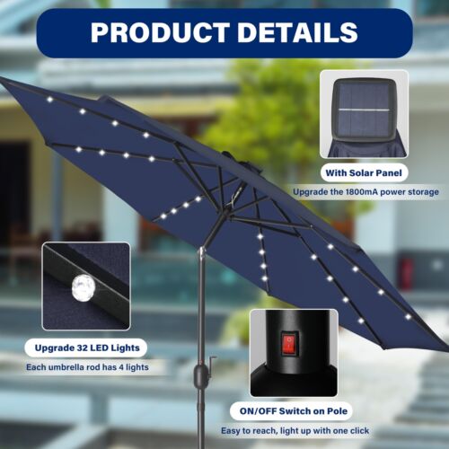 2er Pack 9ft Solarschirm 32 LED beleuchteter Schirm für Garten Hinterhof dunkelblau - Bild 4 von 8