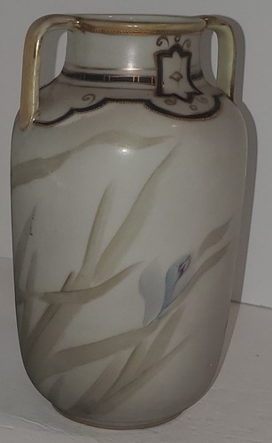 Antike NIPPON Vase handbemalt Moriage Henkel 7" Goldrand Iris Phönix Vogel - Bild 4 von 11