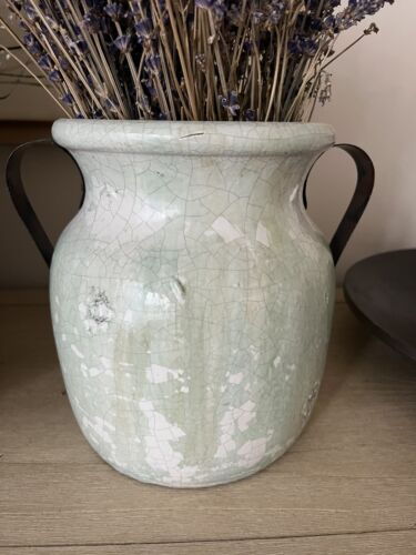 Pottery Barn Marlowe hand crafted Ceramic Jug Jar Double handled Green vase - Picture 3 of 9