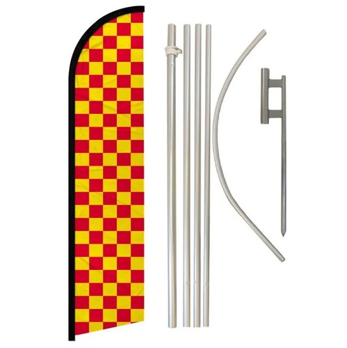 Red & Yellow Windless Full Curve Advertising Checkered Banner Flag & Pole Kit - Picture 1 of 9