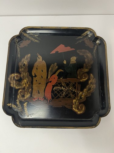 Handpainted Gold Vintage CHINESE METAL TRAY 1990 BY CENTRUM Stunning Black Asian - Picture 9 of 11