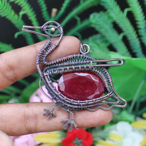 Gift For Father Copper Wire Wrapped Pendant Kashmir Ruby Ethnic Pendant Jewelry - Picture 7 of 9