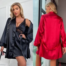 Sexy Women Lingerie Silk Robe Set Babydoll Nightgown Sleepwear Slip Long Dress