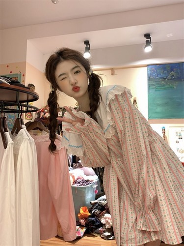 Japanese women Lolita kawaii ruffle doll neck printed loose long-sleeved dress - Picture 13 of 16