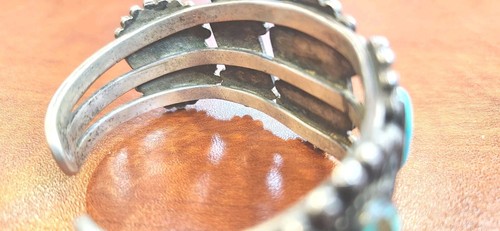 Navajo Natural Turquoise Rare Cluster Bracelet Hand Constructed - Picture 9 of 11