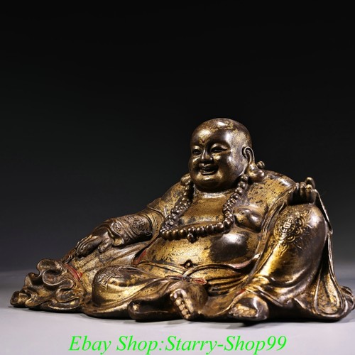 Chinese Bronze Gilt Wealth YuanBao Happy Laugh Maitreya Buddha Money Bag Statue - Picture 7 of 10