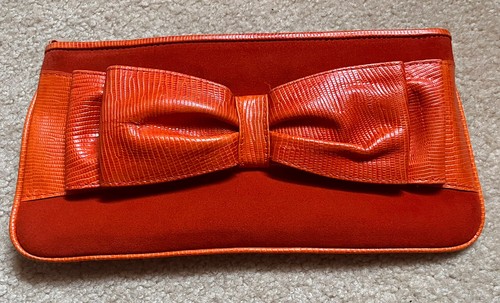 Isabella Fiore Orange Suede Clutch with Large Leather Bow Tie and Trim  - Picture 1 of 5