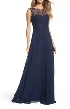 Hayley Paige Occasions Lace & Chiffon Gown, Navy, size 4