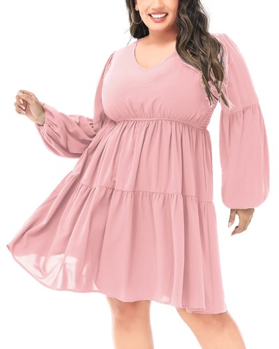 Women's Plus Size V Neck Long Sleeve Smocked Casual Flowy Swing Tunic Dress - Picture 10 of 28