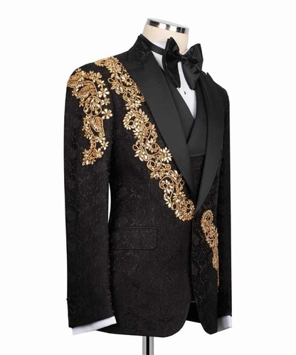 Luxury Jacquard Men Wedding Groom Tuxedo with Crystal Blazer Vest Pants 3pcs New - Picture 3 of 16