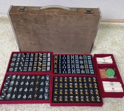 All Black Mahjong Tiles Set Vintage with Case