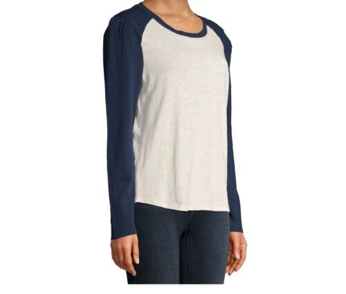 Time And Tru Women's Long Puff Sleeve Top size Large Crew Neck Blue/Cream New - Picture 3 of 11