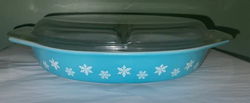 VTG MCM Pyrex Turquoise Blue Snowflake Divided Oval Casserole Dish W/Lid 1.5 qt.