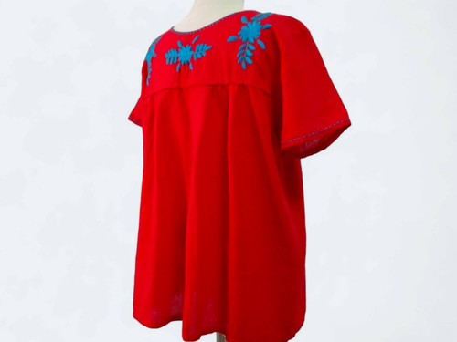 Hand Embroidered Mexican Style Oaxacan Blouse, Red Peasant Top - Picture 2 of 7