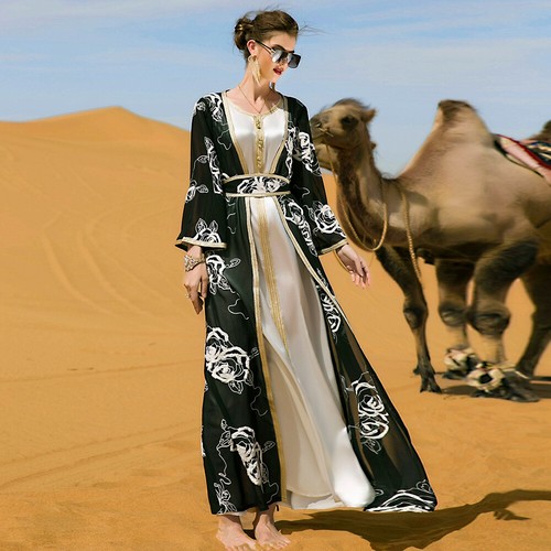Cárdigan Abierto Dubai Mujeres Musulmanas Abaya Maxi Vestido Conjunto de 2 piezas Vestido Caftán Informal - Imagen 25 de 42