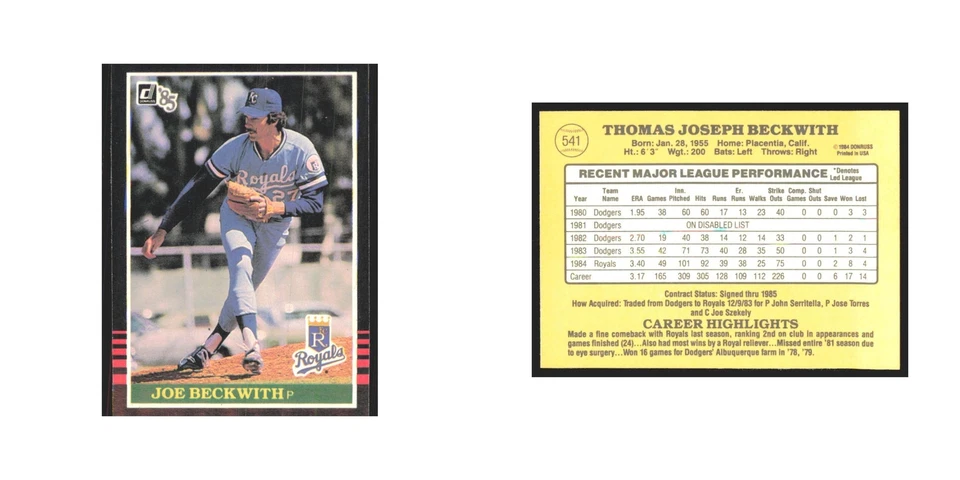 1985 Donruss Joe Beckwith Royals #541 - Image 3 of 3