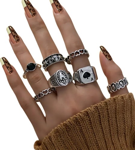 Juego de anillos de amor de plata serie oscura de colección círculo de pala estrella letra estilo roca - Imagen 5 de 9