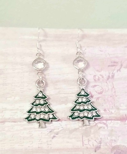 Sterling Silver Crystal Christmas Tree Earrings Christmas Tree Jewelry Holiday - Picture 4 of 4