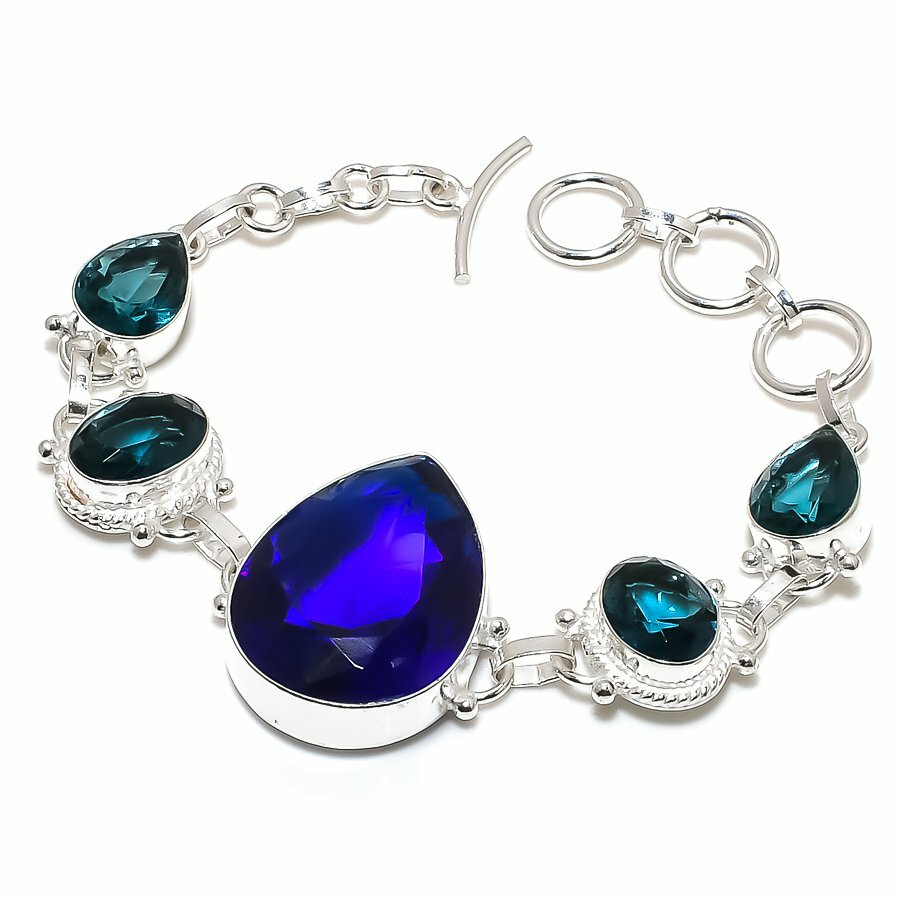 Bracelet Fait Main En Argent 925 Avec Topaze Iolite - Pierre Bleue - Taille Réglable 7-8 Pouces