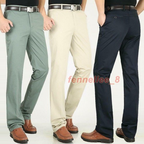 Men's Straight Long Trousers Cotton High Waist Business Dress Pant Casual Loose - Picture 1 of 35