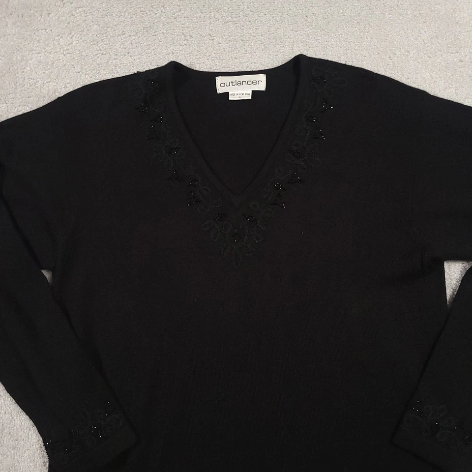 Suéter de Colección Outlander Lentejuelas Cuentas Para Mujer Grande Negro Cuello en V Tejido Manga Larga Foto 3 de 4
