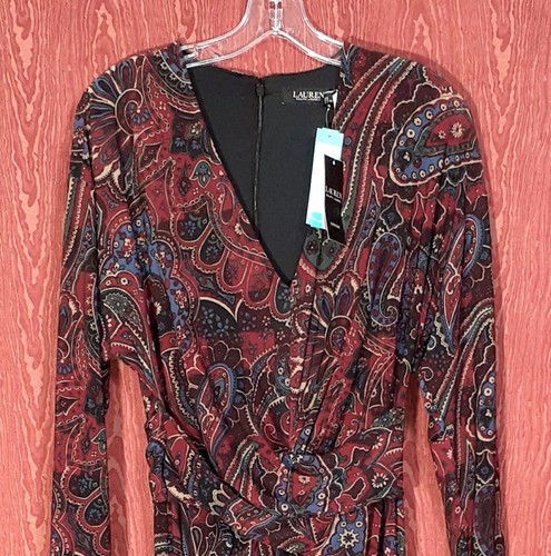 Lauren Ralph Lauren Jelberta, LD Holiday 23 Wrap Checked Paisley Dress RED Sz 8 - Picture 2 of 17