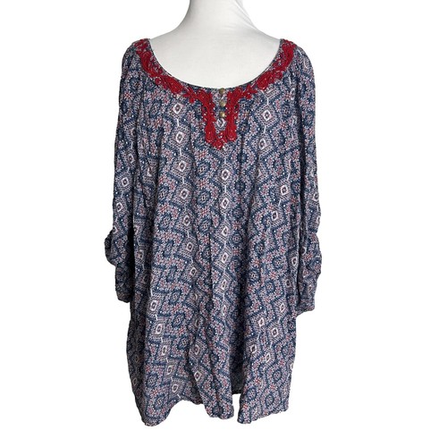 Catherines Womens Blouse 2X 22/24W Applique Diamond Print Tab Sleeves Cotton - Picture 1 of 6