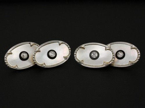 Antike Diamant Perlmutt Manschetten Knöpfe ca. 0,20ct  585/- Gelbgold & Weißgold - Bild 1 von 7