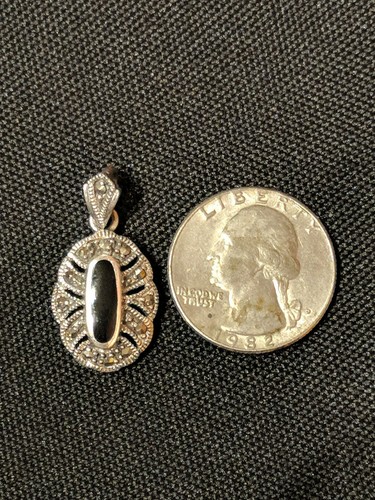 Vintage Small Art Deco Sterling Silver Oval Pendant Marcasite Black Opal Colored - Picture 5 of 6