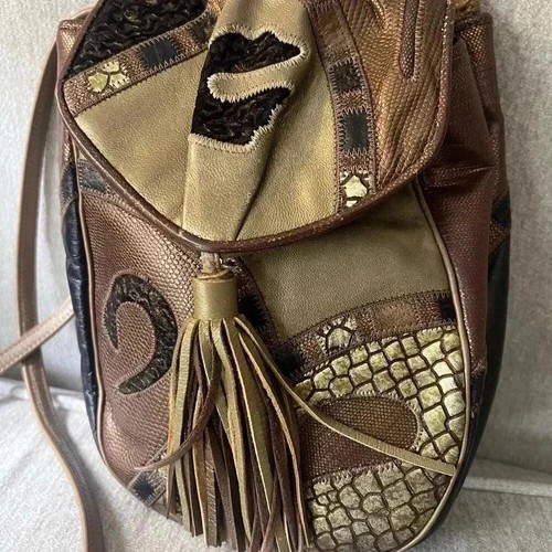 Vintage Sharif 80s Snake Lizard Leather Patchwork Shoulder Crossbody Bag Tassel - Picture 3 of 8