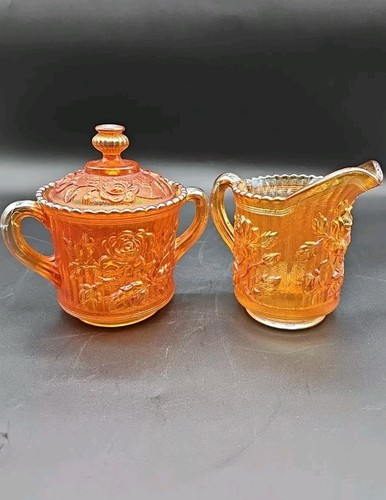Imperial Carnival Glass Lustre Rose Creamer And Sugar Dish Marigold Vintage 50s - Picture 2 of 24