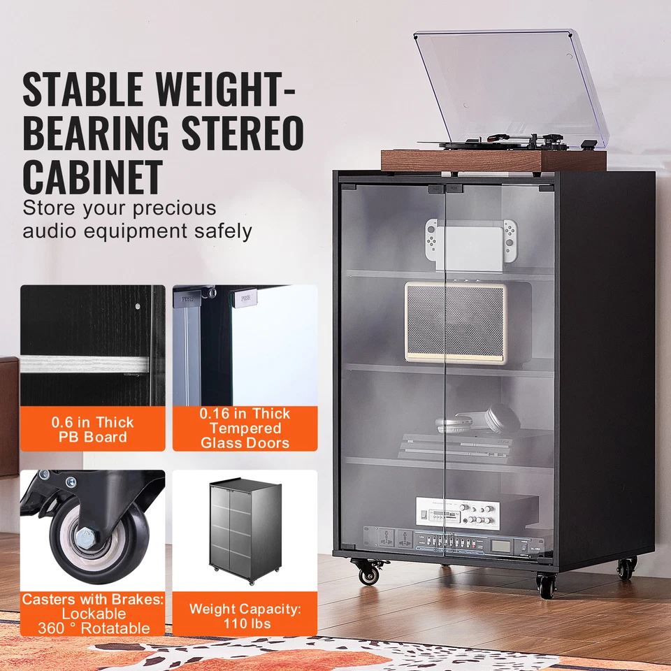 Soporte multimedia AV de 5 niveles con ruedas Soporte multimedia de audio y video de madera negro Foto 2 de 4