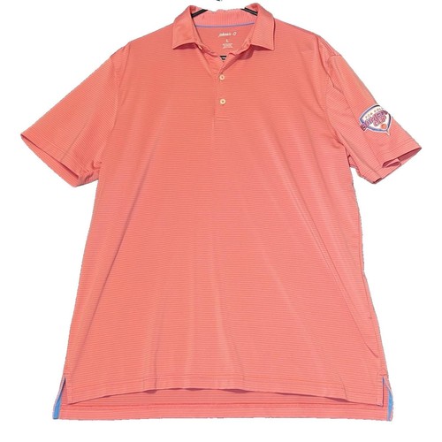 Johnnie O Polo Shirt Mens Size Large Pink Conch Striped FCA Golf Gameday Cup - Picture 2 of 14