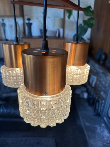 Vintage 1970s Prova Teak Boomerang Ceiling Light - 3 Cooper And Glass Shades - Picture 6 of 24