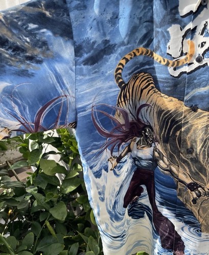 Vintage Billion Bay Herren Gr. L Knopf Tiger Anime Print Blau Braun Kurzarm - Bild 6 von 11