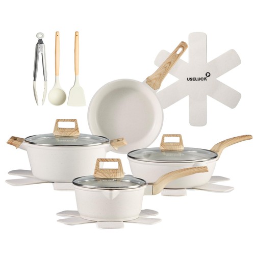 14 Pcs Pots and Pans Set Non Stick, Induction White Cooking Set with Frying P...