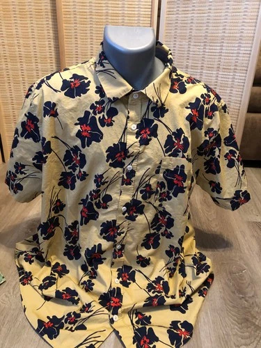 Hurley Hawaiian Button Up Down Shirt 100% Cotton Tan Khaki with Red Poppy 2XL - product listing photo