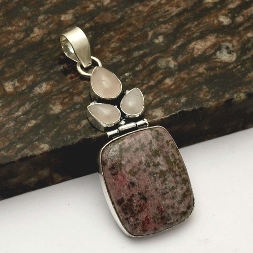 Rhodonite Rose Quartz Gemstone Ethnic Handmade Pendant Jewelry 2.72" AP-38312