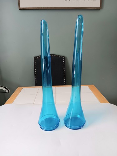 Swung Vase Large Houze 20" Peacock Blue Pair / Set Mid Century Art Glass Decor - Picture 7 of 12
