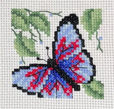 Red and Blue Beautiful Butterfly completed finished cross stitch. Unframed. Gift
