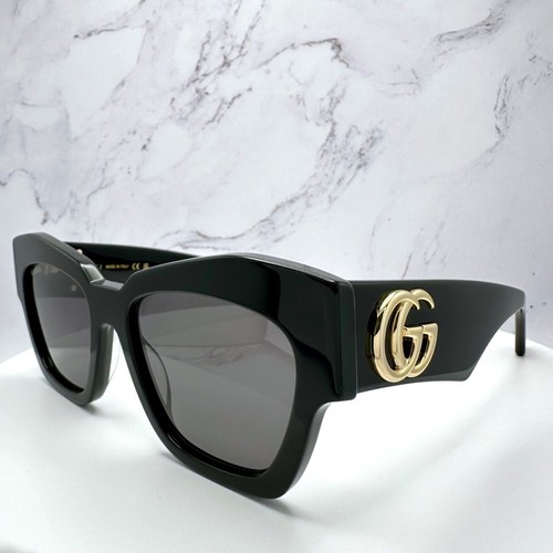 New GUCCI Sunglasses Black Acetate Cat Eye Gold Interlocking Metal GG Logo - Picture 13 of 18