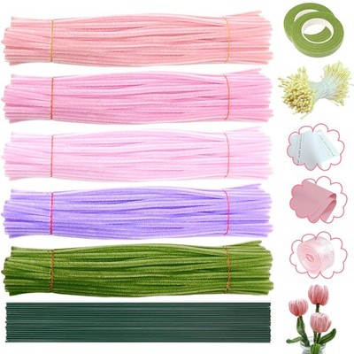 500PCS Macaron Pipe Cleaners Flower Craft Kit DIY Bouquet Art Chenille Stems Set