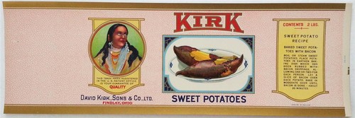 Kirk Sweet Potatoes Vintage Can Label David Kirk Sons Findlay, Oh. Indian Maiden - Picture 1 of 3