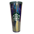 Starbucks 24 oz Iridescent Cold Cup Blue Teal Holographic Tumbler w/ Metal Straw